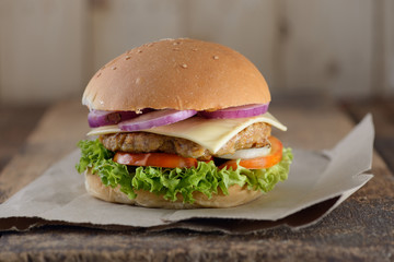 pork cheese burger with vintage setup