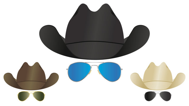 A selection of country and western cowboy hats and aviator sunglasses.
