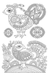 Fototapeta na wymiar original black and white line drawing page of coloring book bird