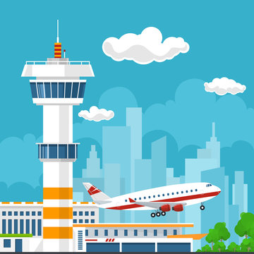 Airplane Takes Off from the Airport, Control Tower and Airplane on the Background of the City, Travel and Tourism Concept , Air Travel and Transportation, Vector Illustration