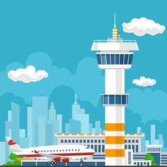 Arrivals at Airport, Control Tower and Airplane on the Background of the City, Travel and Tourism Concept , Air Travel and Transportation, Vector Illustration