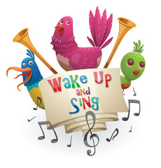 Vector image of the emblem with a banner, trumpets, notes and with cartoon image of funny fantasy beautiful tropical bright blue, pink, green birds on a white background. Banner 