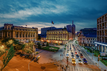 Bucharest, Romania - April 21, 2016: Bucharest city center and Calea Victoriei(Victory Avenue) seen from above at night.