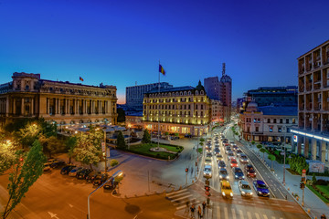 Bucharest, Romania - April 21, 2016: Bucharest city center and Calea Victoriei(Victory Avenue) seen from above at night.