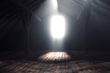 3d rendering of darken empty attic with light rays - obrazy, fototapety, plakaty