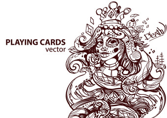 Queen of diamonds playing card suit. Outline drawing.