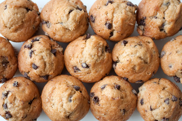 Tray of chocolate chip cakes from above