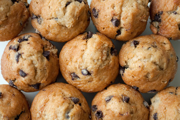 Tray of chocolate chip cakes from above