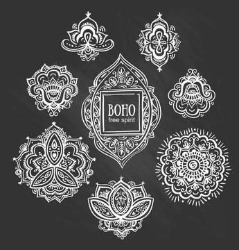 Beautiful Indian floral ornaments on chalkboard. Set of Ornamental Boho Style flowers and elements. Vector illustration.
