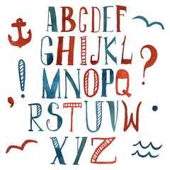 Vector watercolor alphabet in marine style. Colorful letters. Hand drawn font