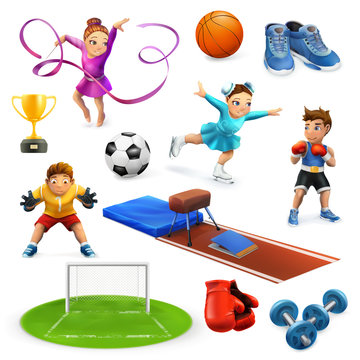 Sport, athletes and equipment vector icons set