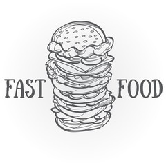 Fast food. Big hamburger outline sketch.