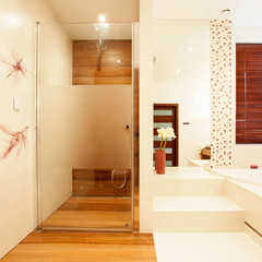 View of modern wooden shower in bathroom