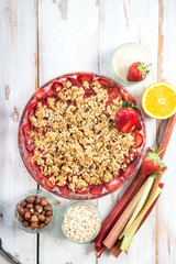 Rhubarb and Strawberry crumble with all ingredients