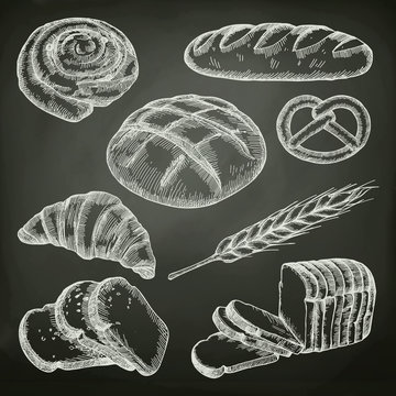 Bread, sketches on the chalkboard vector set