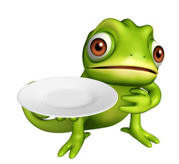 Chameleon cartoon character with dinner plate and spoons