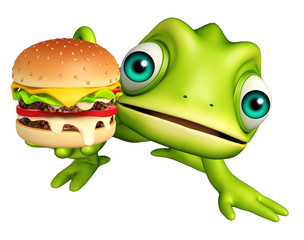 fun Chameleon cartoon character with burger