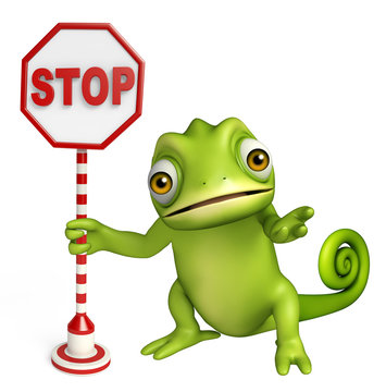 cute Chameleon cartoon character with stop sign
