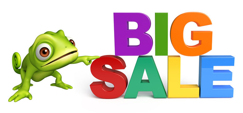 fun Chameleon cartoon character with big sale sign