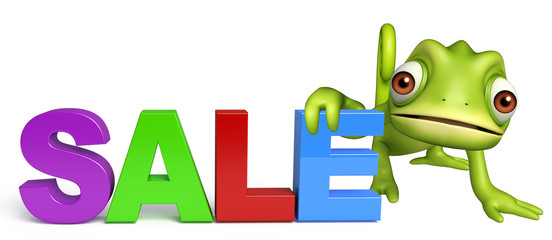 fun Chameleon cartoon character with big sale sign