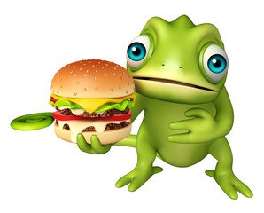 fun Chameleon cartoon character with burger