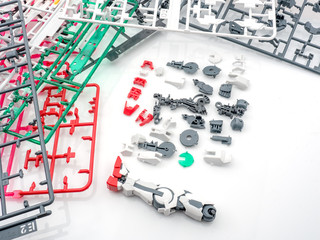 part of plastic model kit and tools for build leg robot