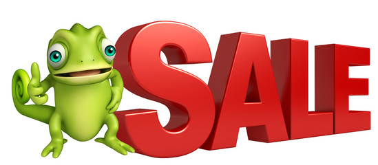 fun Chameleon cartoon character with big sale sign