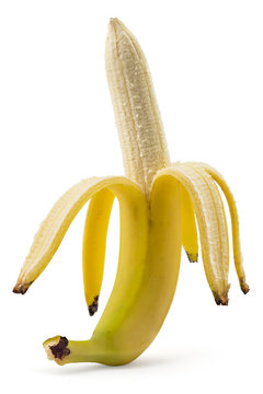 Peeled raw organic banana isolated on white background