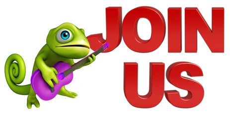 fun Chameleon cartoon character with guitar and join us sign