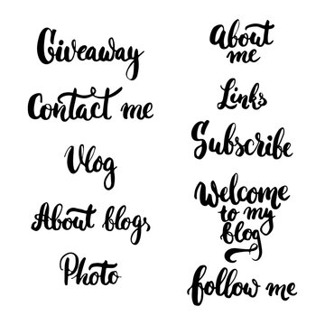 Hand drawn typography lettering phrase Giveaway, Photo, Vlog, Contact me, Follow me, About blog, Subscribe, Links