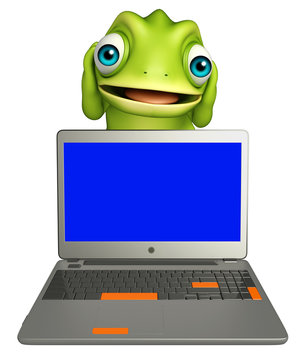 cute Chameleon cartoon character with laptop
