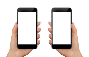 Smart phone in woman hand. Isolated screen for mockup. Left and right hand, front side.