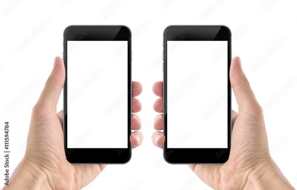 Poster smart phone in man hand. isolated screen for mockup. left and right hand, front side.