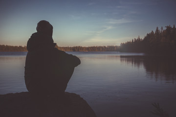 Lonesome Girl At The Lake During Sunset