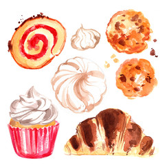 A set of candy-painted with watercolors on white background. Croissants, cakes, rolls, cupcakes, cookies, chocolate, marshmallows.