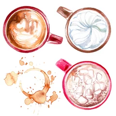  Coffee cup painted with watercolors on white background. The drink and sweets. Abstract watercolor spots, traces of coffee. Coffee beans. © vaneeva