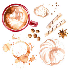 Coffee cup painted with watercolors on white background. The drink and sweets