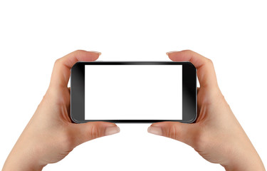 Smart phone in woman hands. Horizontal position. Isolated screen for mockup.