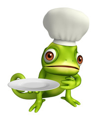 Chameleon cartoon character with dinner plate and spoons