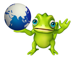 Chameleon cartoon character with earth