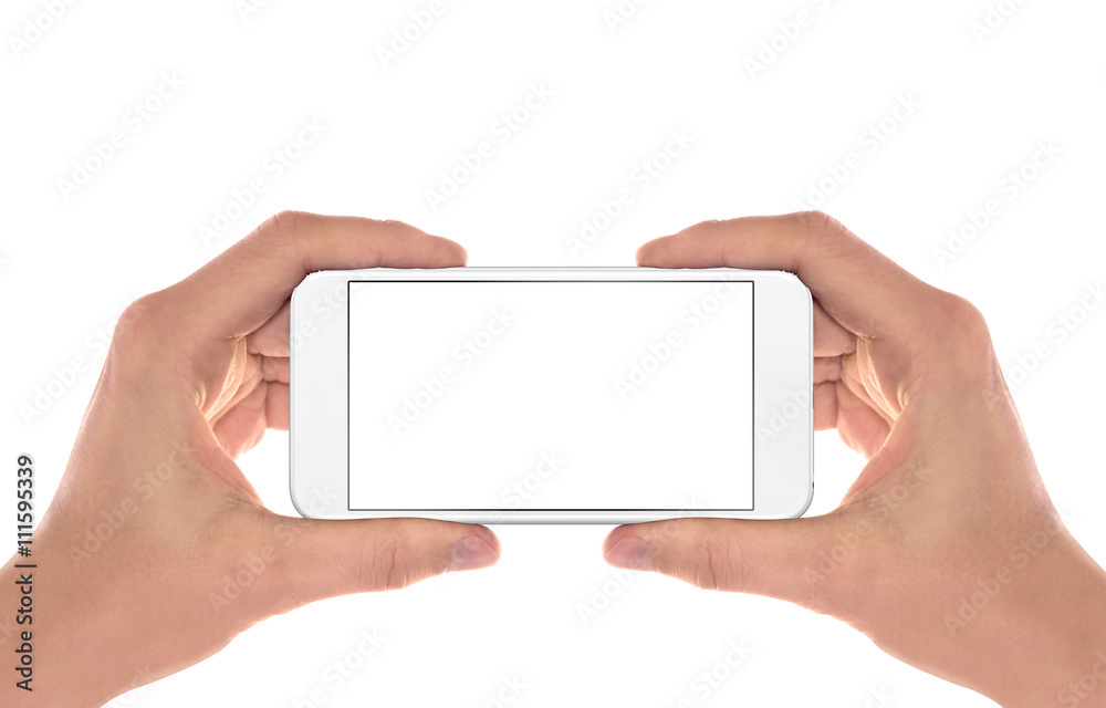 Poster Smart phone in man hands. Horizontal position. Isolated screen for mockup.