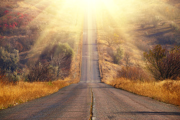 road with poor coverage in the wilderness going up. Gentle sunlight autumn time. Yellow vegetation around, withered grass, nobody.
