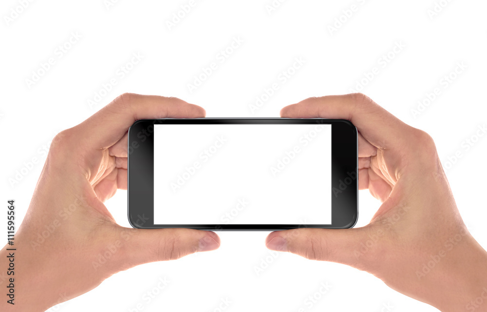 Aufkleber smart phone in man hands. horizontal position. isolated screen for mockup.