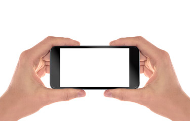 Smart phone in man hands. Horizontal position. Isolated screen for mockup.