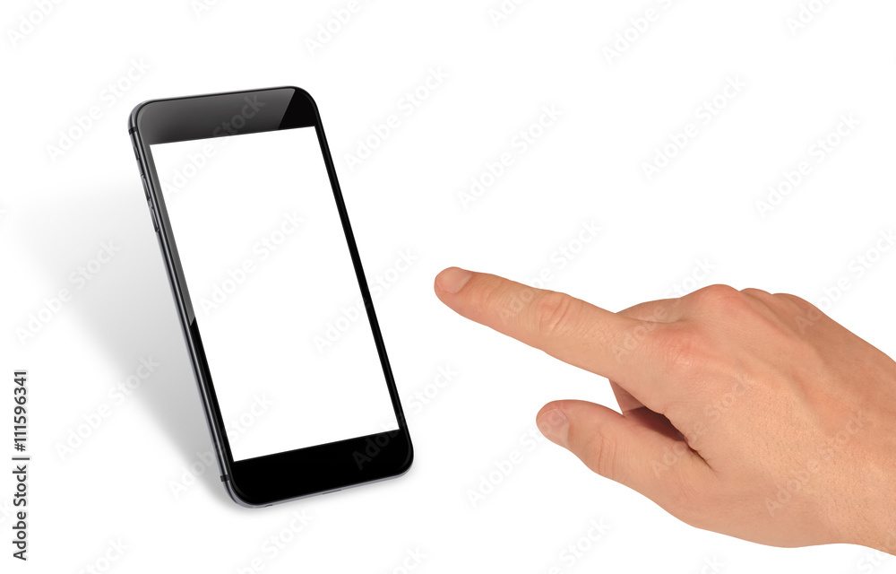 Aufkleber man hand touch smart phone with isolated blank screen for mockup.