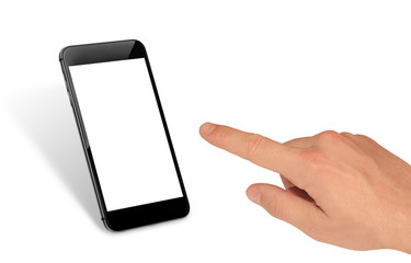 Man hand touch smart phone with isolated blank screen for mockup.