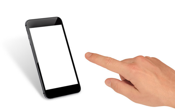 Man Hand Touch Smart Phone With Isolated Blank Screen For Mockup.