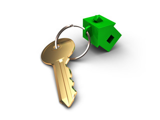 The key from apartment with green trinket in form house isolated on white