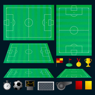 Vector illustration of a set of soccer fields in different positions with icons for your sports apps or other projects. Set of vector soccer icons