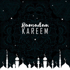 Night background. Ramadan Kareem holiday celebration beautiful greeting card background vector illustration. Islamic celebration design. Eid Mubarak vector illustration. Night cityscape background